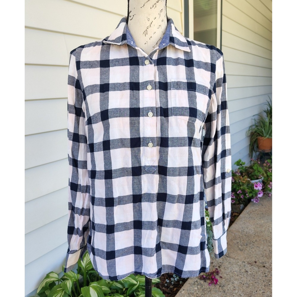 Tommy Hilfiger Womens Navy White Buffalo Plaid Cotton Roll Tab Popover Shirt S